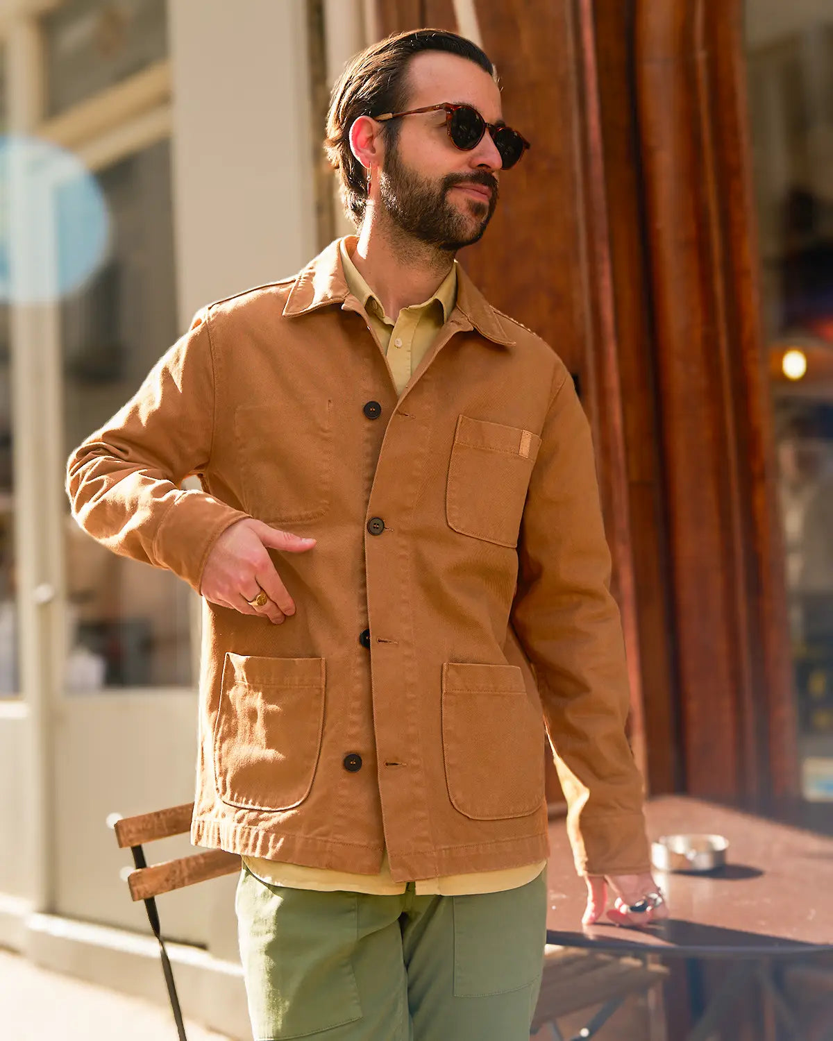 veste de travail en twill camel noix - focus face